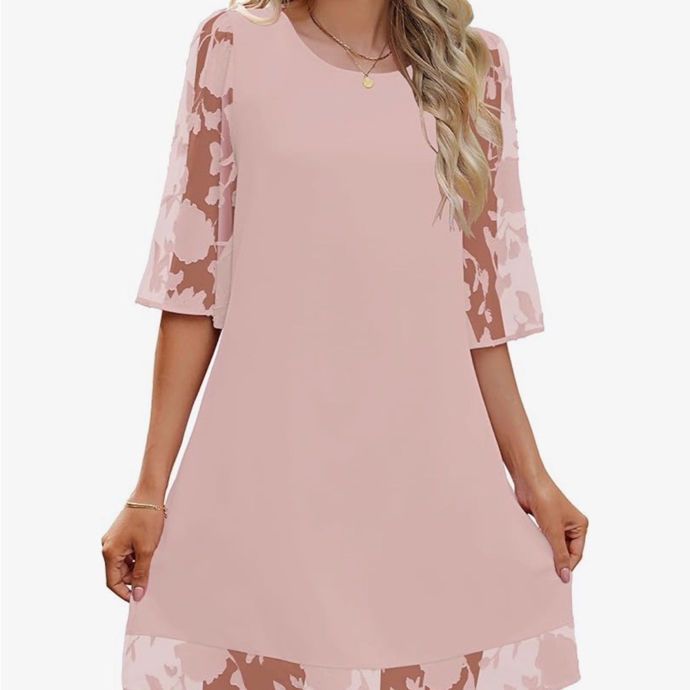 Elegant Blush Pink Midi Dress with Lace Sleeves